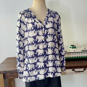 Lilly Pulitzer Elephant Print Blue and White Women's Top M 100% silk